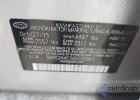 2016 Hyundai Sonata Se z USA, uszkodzony, nr VIN 5NPE24AF2GH332903